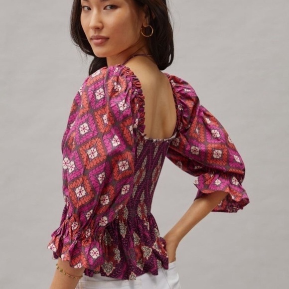Anthropologie Puff Sleeve Smocked Top - Picture 3 of 8
